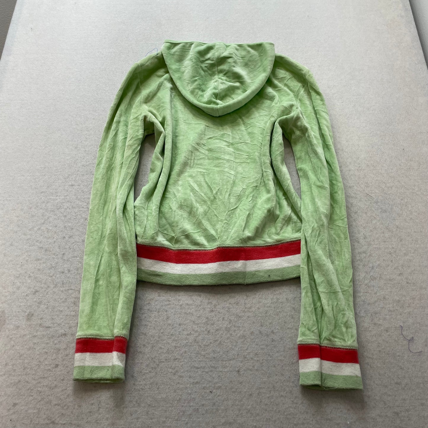 Vintage Juicy Couture Women's Green Velour Hoodie Striped Ribbed Cuffs Size L