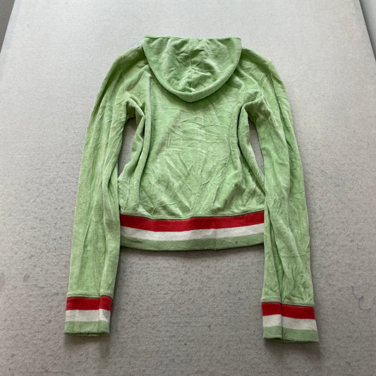 Vintage Juicy Couture Women's Green Velour Hoodie Striped Ribbed Cuffs Size L