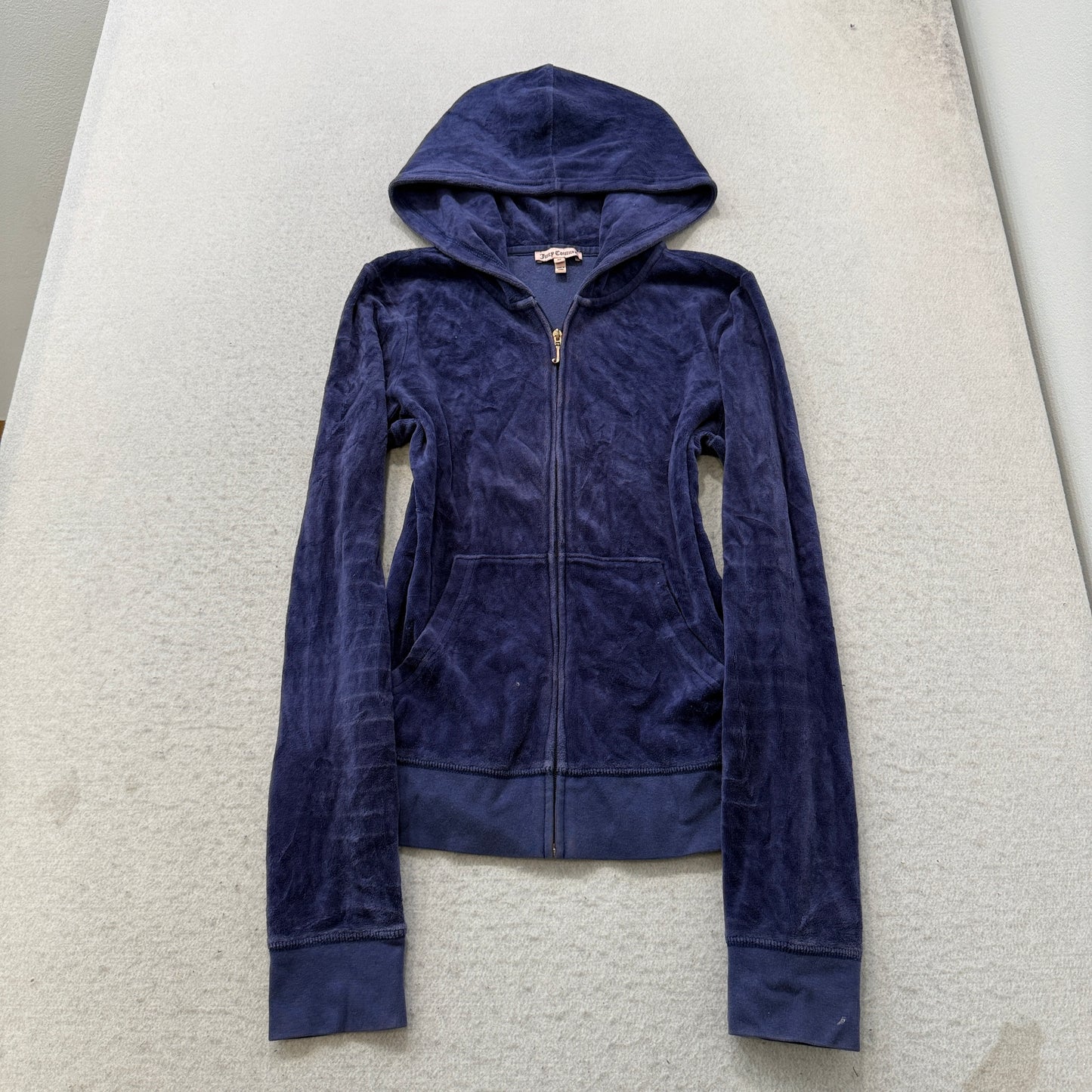 Juicy Couture Women's Navy Blue Velour Zip-Up Hoodie Graphic Print Pocket Size M