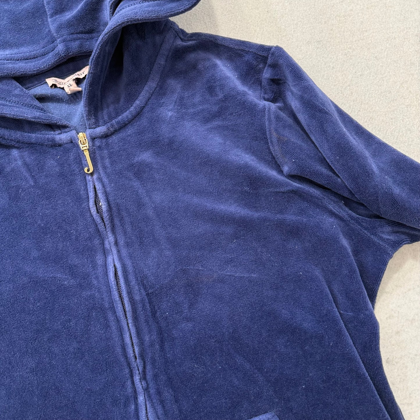 Juicy Couture Women's Navy Velour Zip-Up Hoodie Back Crest Graphic Logo Size XL