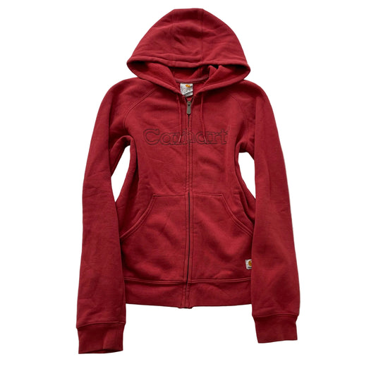 Carhartt Women's Red Cotton Blend Zip-Up Hoodie Drawstring Pockets Logo Size S