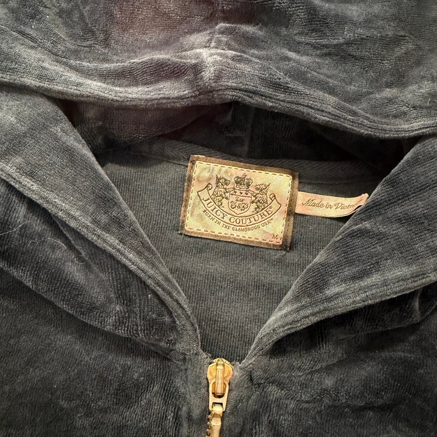 Juicy Couture Women's Navy Blue Velour Full Zip Hoodie Sequin Shoulders Size M