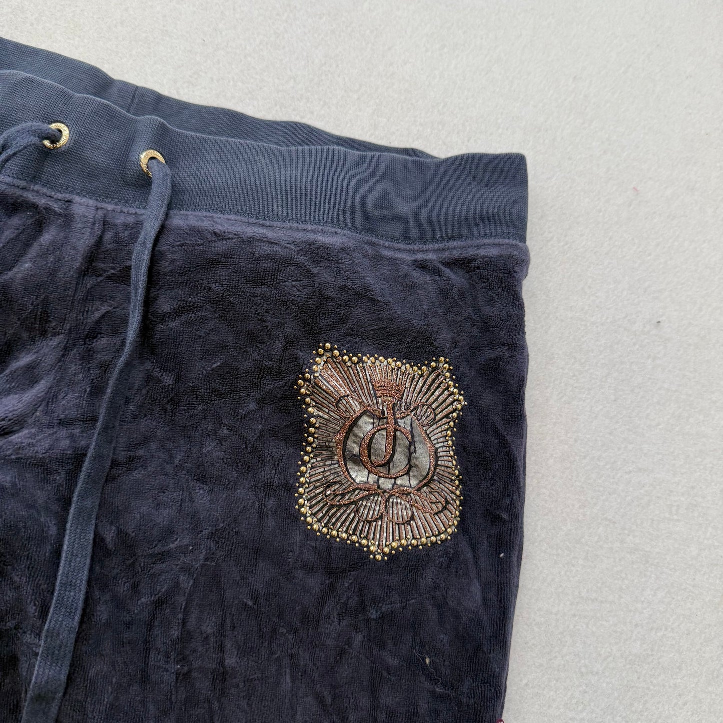 Vintage Juicy Couture Women's Navy Velour Flared Track Pant Studded Logo Size S
