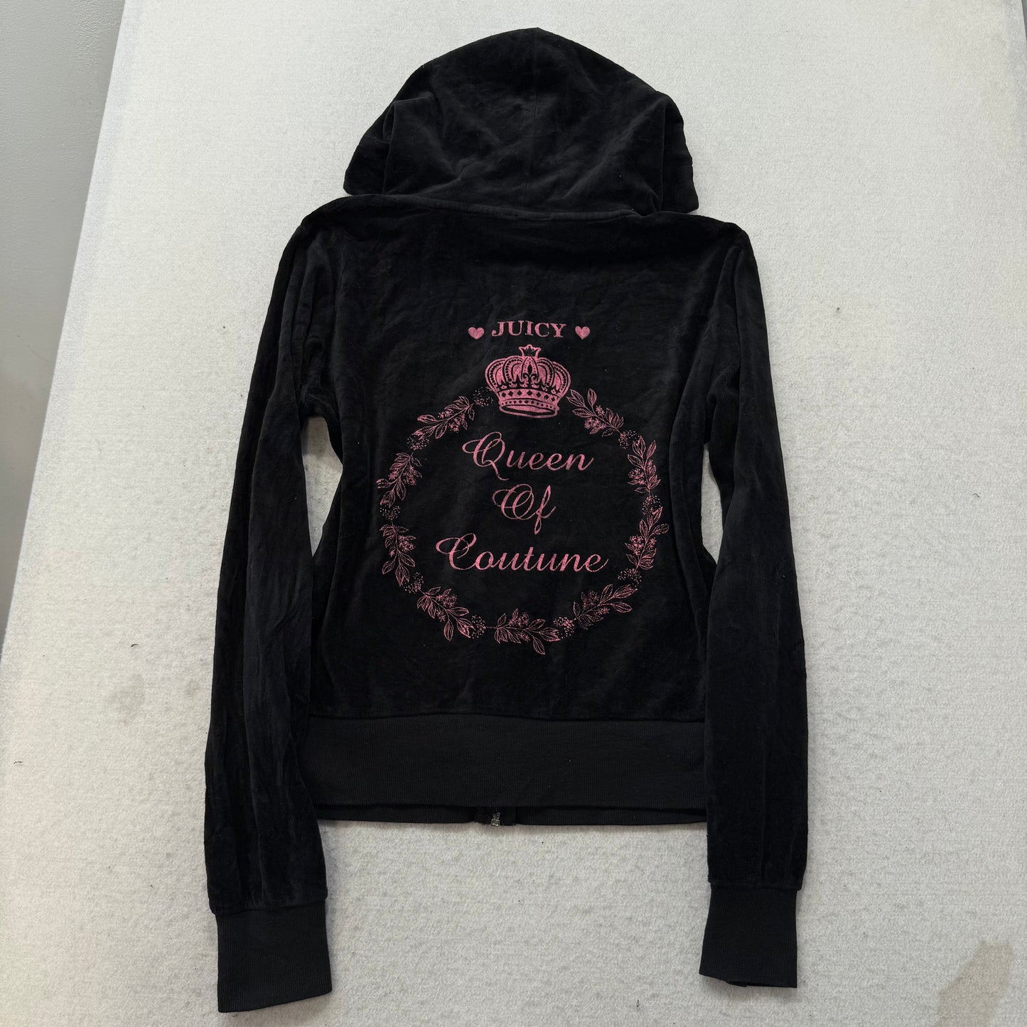 Vintage Juicy Couture Queen Couture Women's Black Velour Tracksuit Set Size L/XL