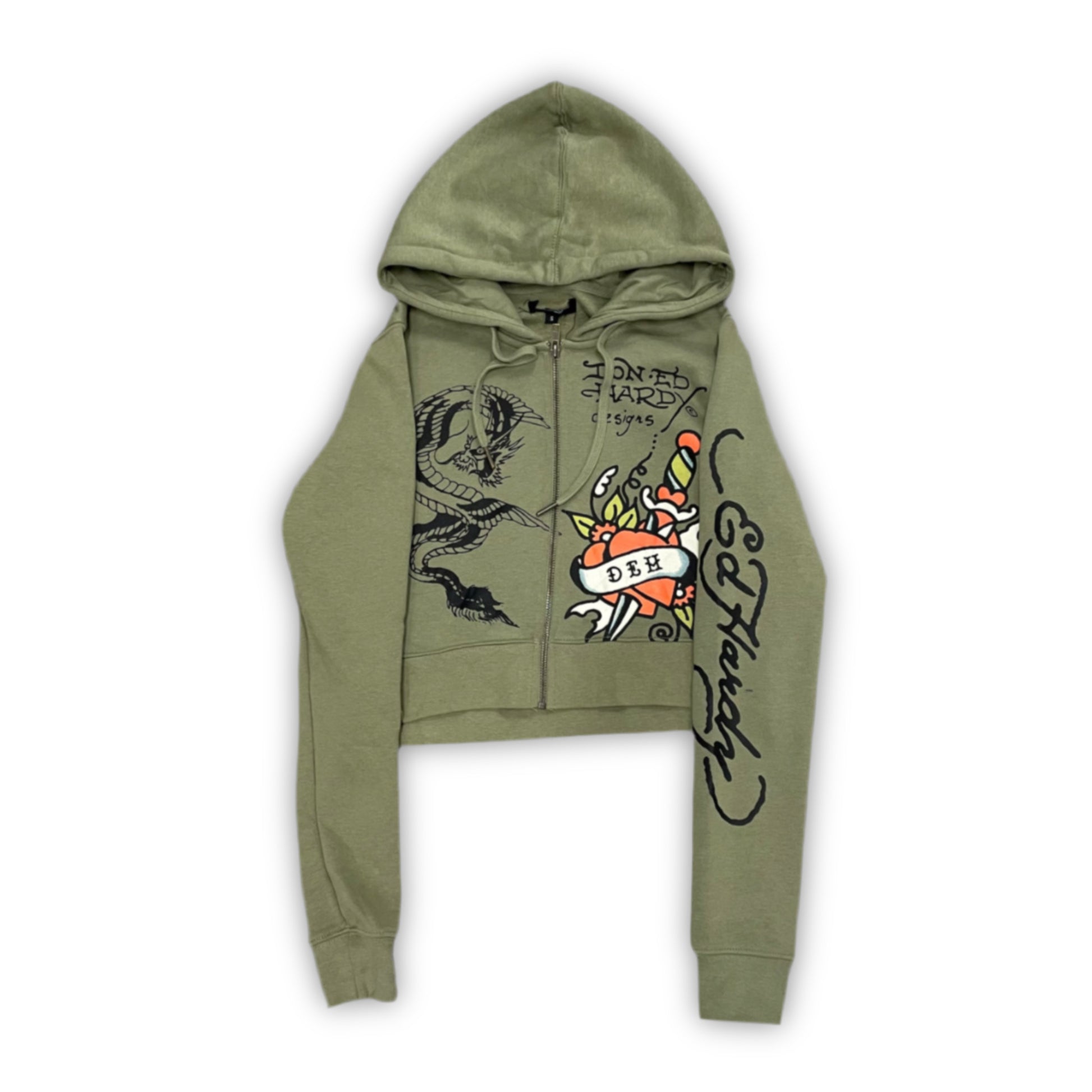 ED HARDY “dragon hearts” SAGE CROPPED ZIP UP HOODIE - Clean Curriculums 