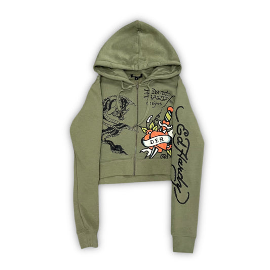 ED HARDY “dragon hearts” SAGE CROPPED ZIP UP HOODIE - Clean Curriculums 