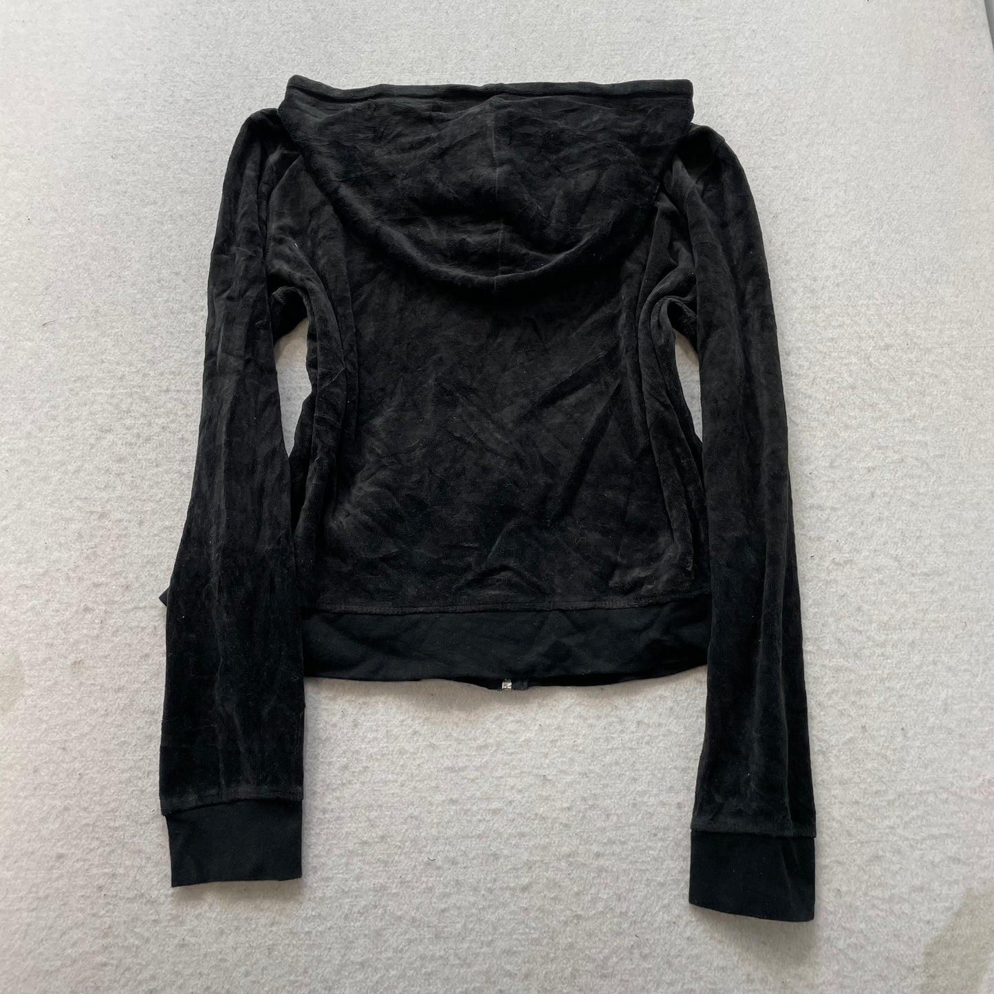 Vintage Juicy Couture Womens Black Velour Zip-Up Hoodie Drawstring Pocket Size L