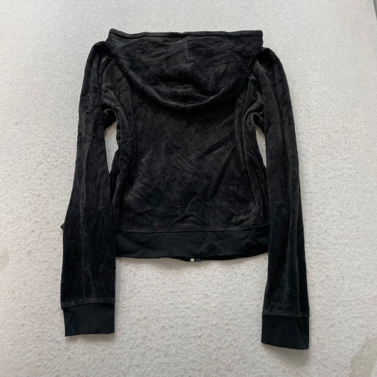 Vintage Juicy Couture Womens Black Velour Zip-Up Hoodie Drawstring Pocket Size L