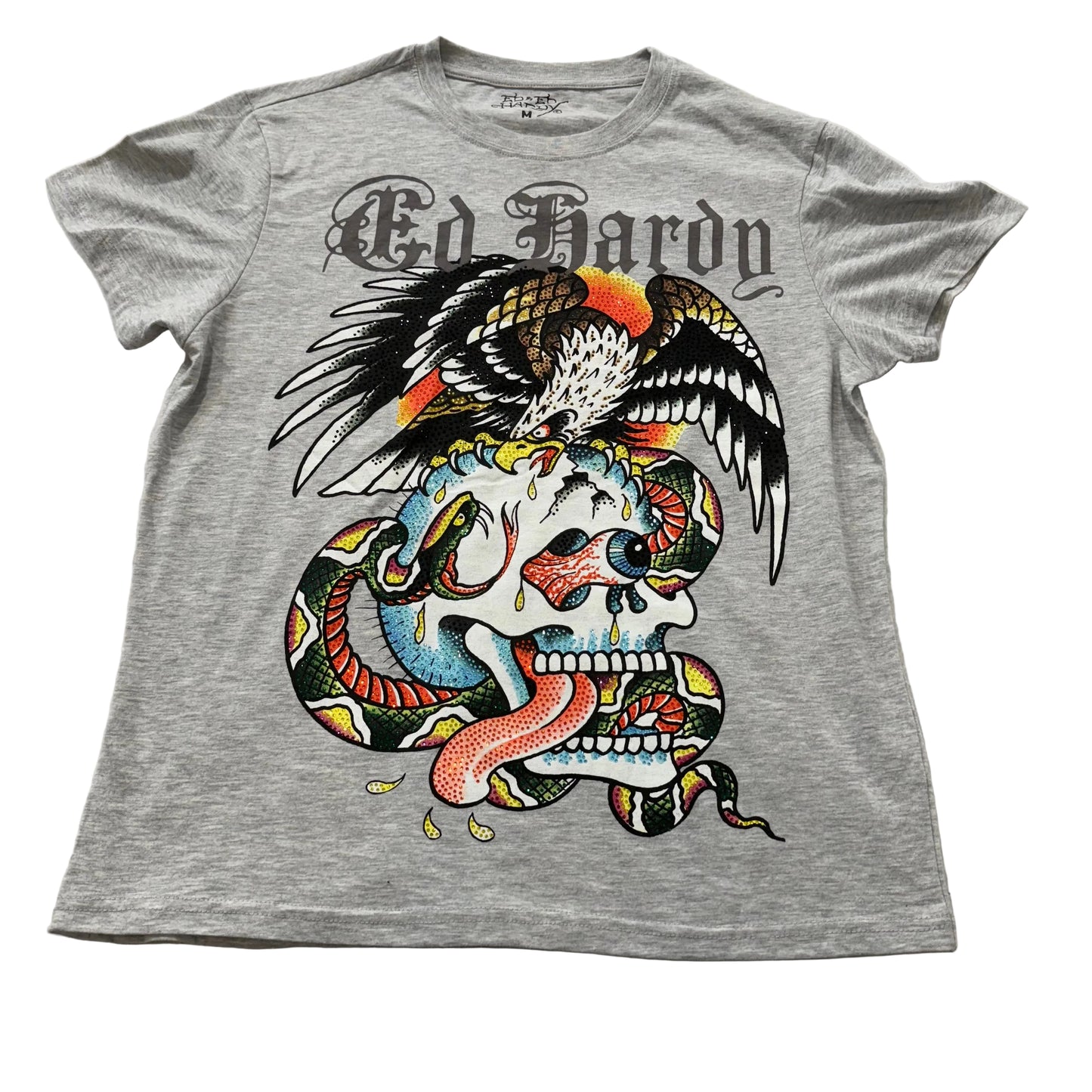 Ed Hardy Battle Skull Men's Heather Gray Cotton T-Shirt Graphic Tee Logo Size M