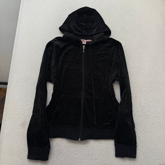 Juicy Couture Womens Black Velour Tracksuit Set Zip-Up Hoodie & Pants Size XL