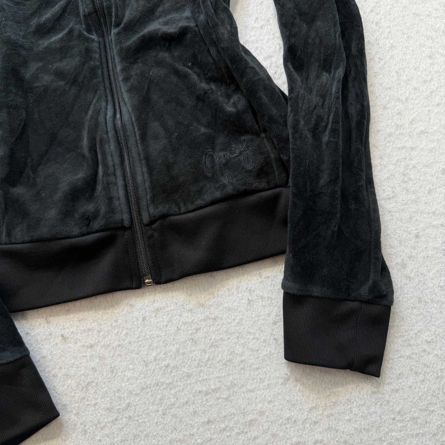 Juicy Couture Women's Black Velour Zip-Up Hoodie Rhinestone Zip Pockets Size S