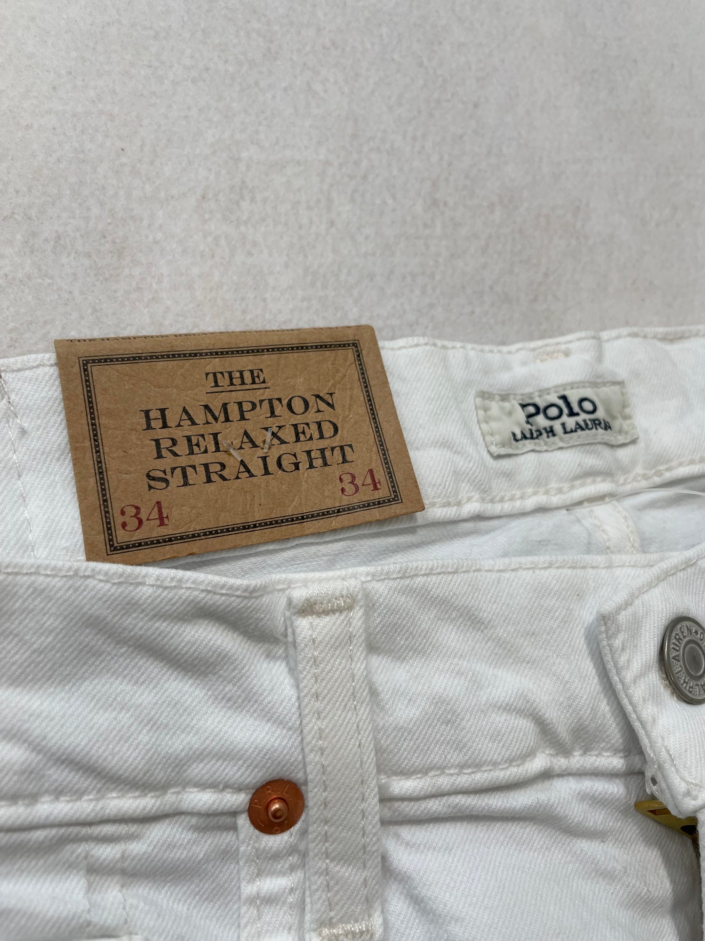 Polo Ralph Lauren Hampton Relaxed Straight White Denim Jeans Back Logo Size 34x34