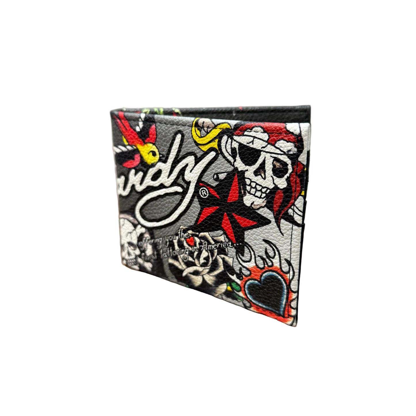 Ed Hardy Black Classic Pirate & Mermaid Art Graphic Print Leather Bifold Wallet