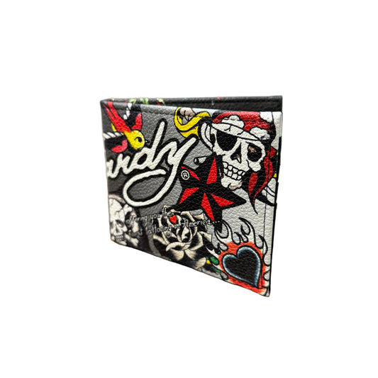 Ed Hardy Black Classic Pirate & Mermaid Art Graphic Print Leather Bifold Wallet