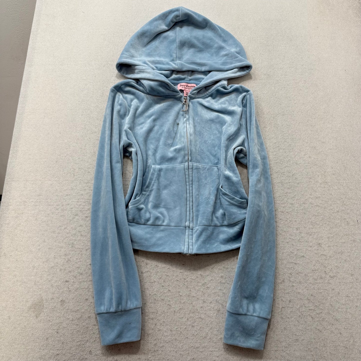 Juicy Couture Women's Slate Blue Velour Zip-Up Cropped Hoodie Rhinestone Size XS