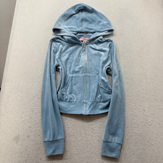Juicy Couture Women's Slate Blue Velour Zip-Up Cropped Hoodie Rhinestone Size XS