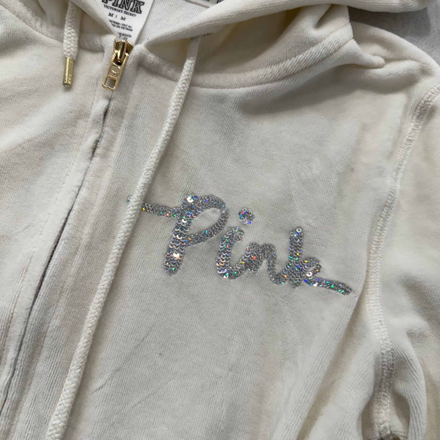 PINK Victoria's Secret Women's Ivory Full Zip Hoodie Sequins Graphic Size M