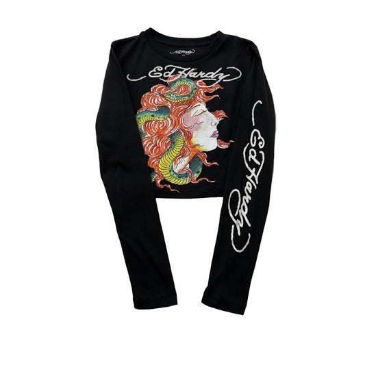 ED HARDY “Snake Girl” BLACK LONG SLEEVE CROPPED BABY TEE