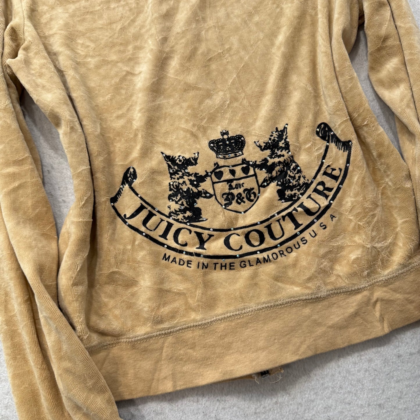 Vintage Juicy Couture Scottie Dogs Women's Camel Velour Hoodie Rhinestone Size L