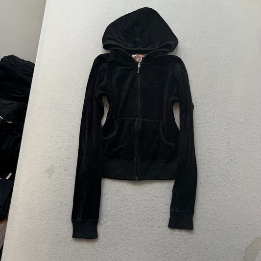 Vintage Juicy Couture Womens Black Velour Tracksuit Set Hoodie & Pant Y2k Size S