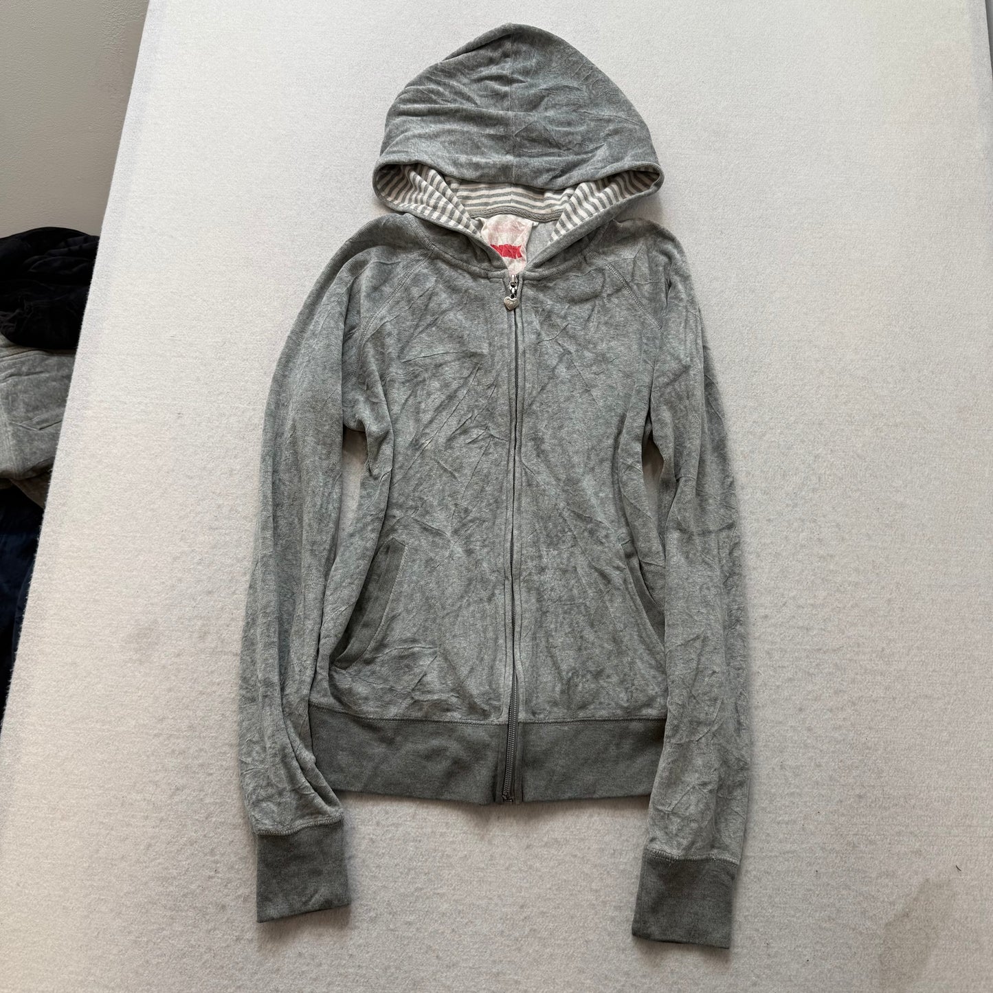 Vintage Victoria's Secret PINK Womens Grey Velour Zip-Up Hoodie Patchwork Size M
