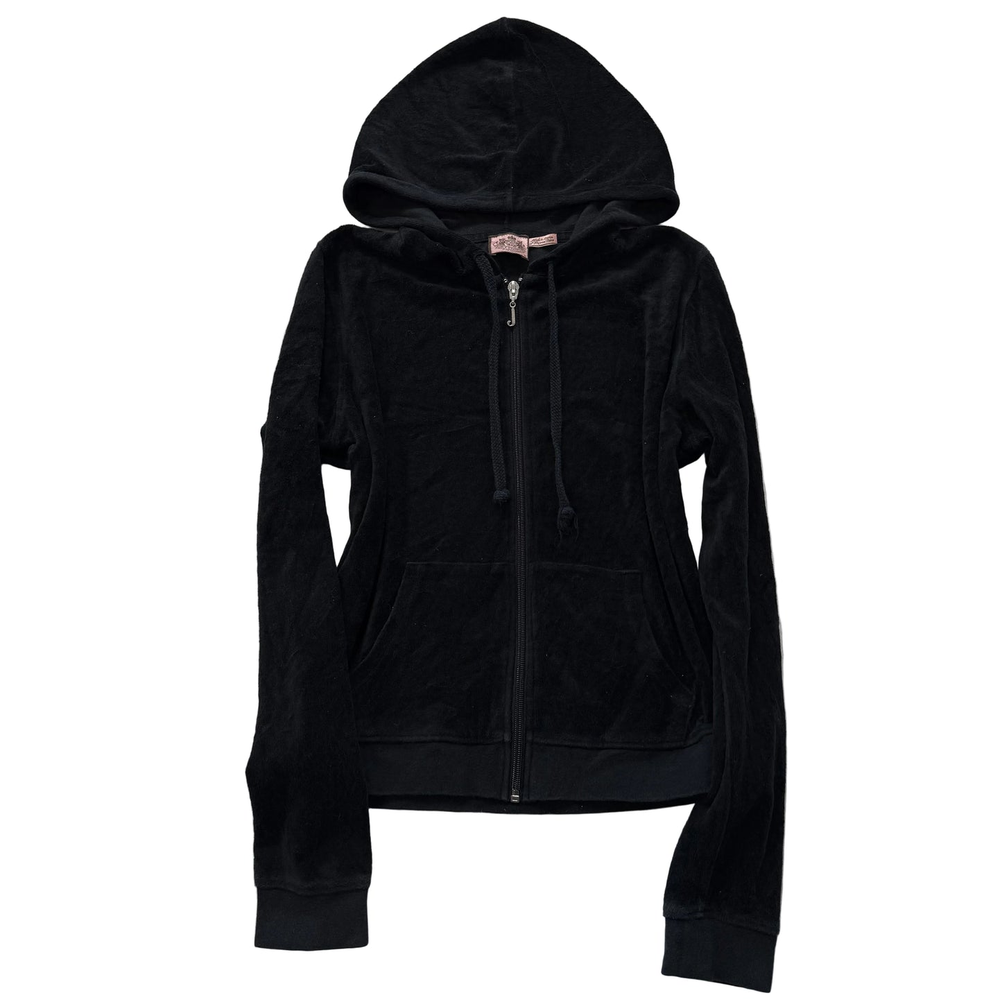 Vintage Juicy Couture Women's Black Velour Zip-Up Hoodie Slash Pockets Size S