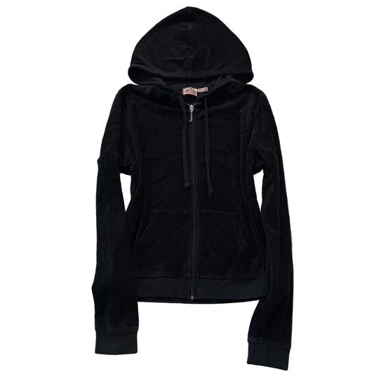 Vintage Juicy Couture Women's Black Velour Zip-Up Hoodie Slash Pockets Size S