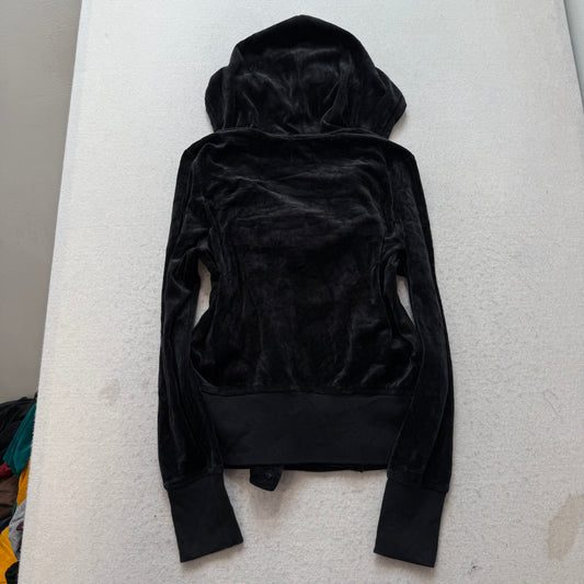 Juicy Couture Women's Black Velour Zip-Up Biker Hoodie Zip Pockets Y2K Size XL