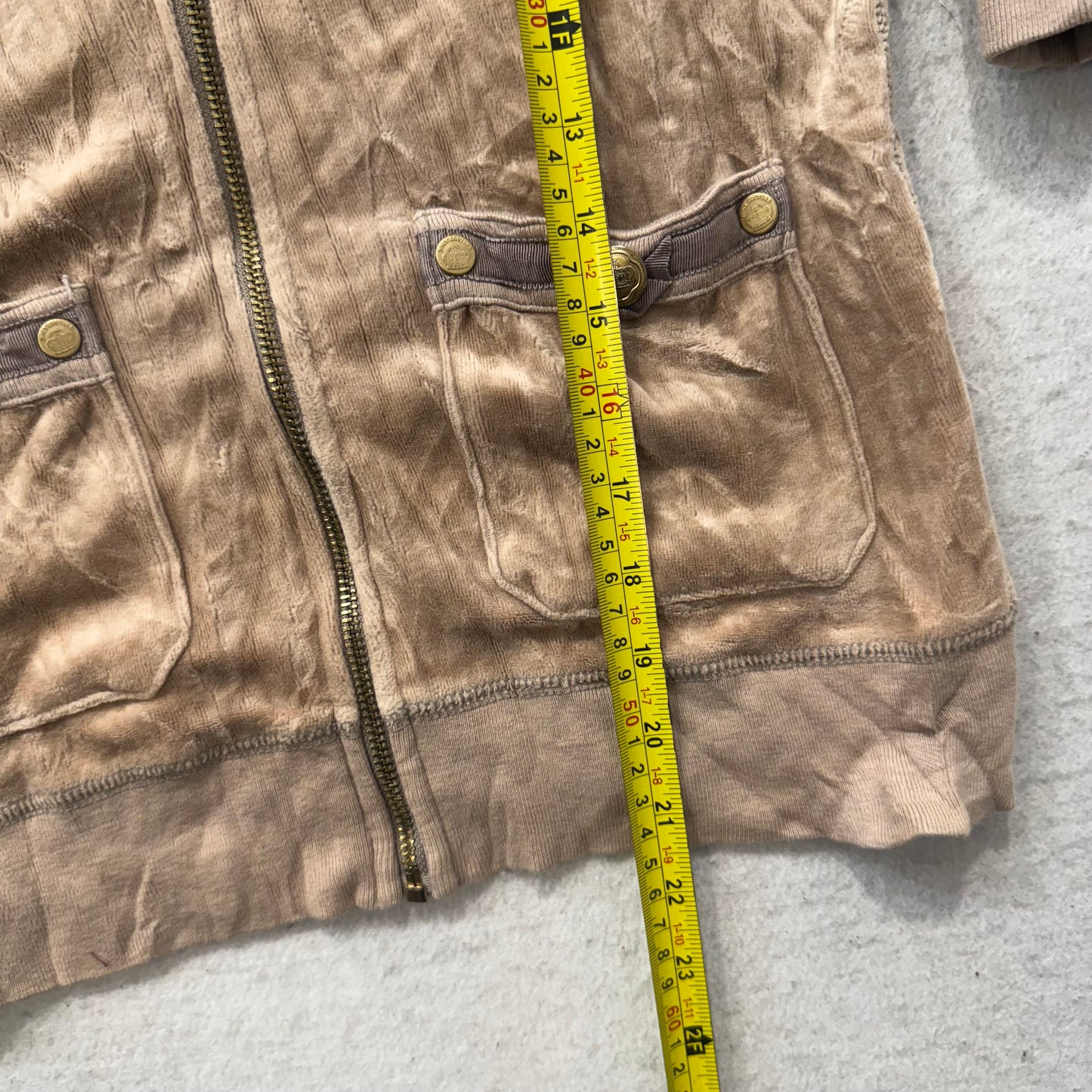 Juicy Couture Women's Camel Full Zip Hoodie Patch Pockets Rope Drawstring Size M