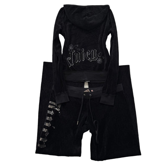 Juicy Couture Black Velour Tracksuit Set Zip-Up Hoodie Drawstring Pant Size M/L