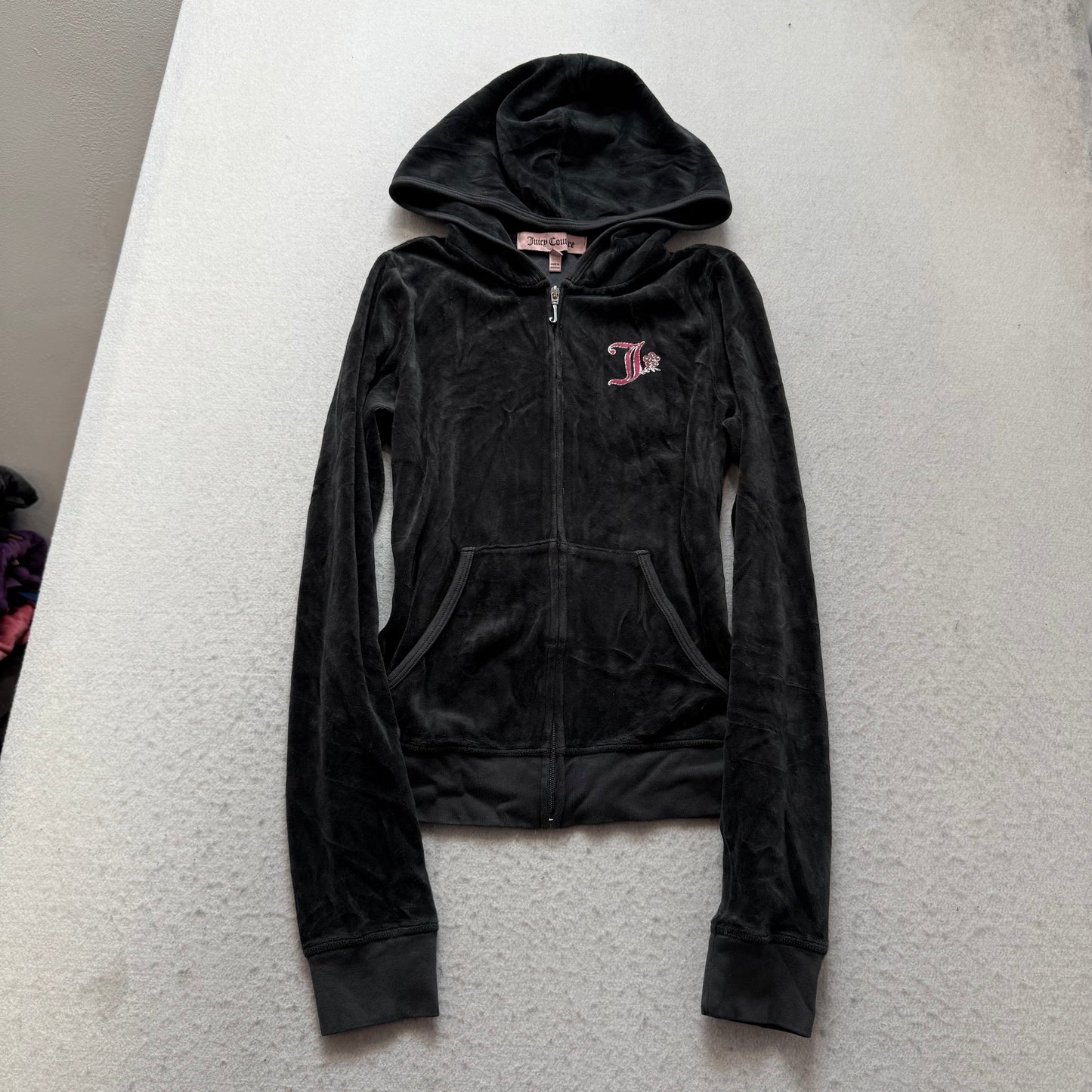 Juicy Couture Women's Charcoal Gray Velour Zip-Up Hoodie Crown Crest Logo Size S