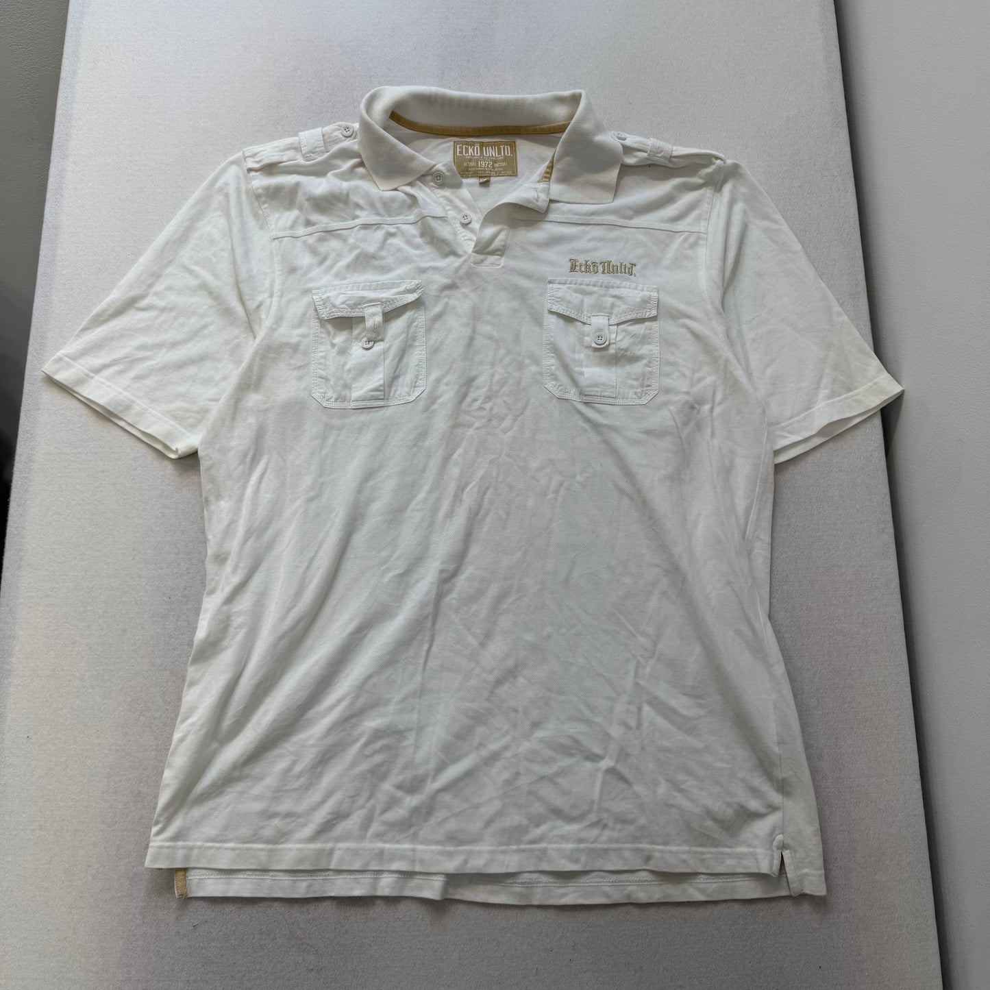 Ecko Unltd White Polo Shirt Skull Back Graphic Chest Pockets Embroidered Size XXL