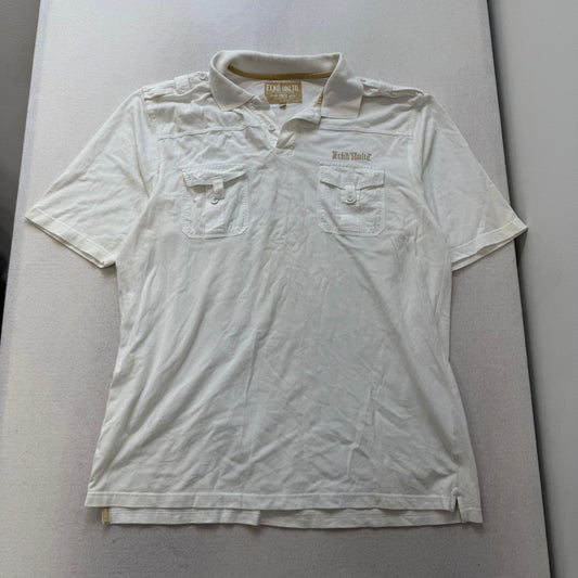Ecko Unltd White Polo Shirt Skull Back Graphic Chest Pockets Embroidered Size XXL