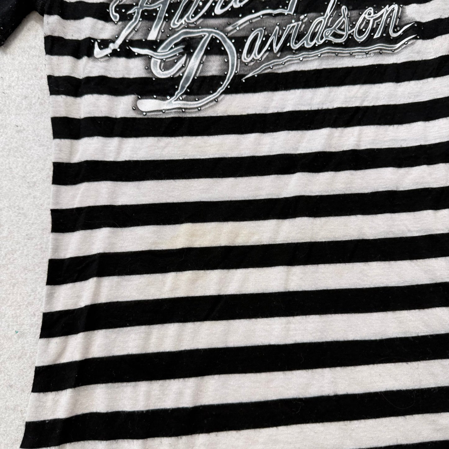 Harley-Davidson Women's Black White Striped Top Raglan Cut Curved Hem Y2K Size S