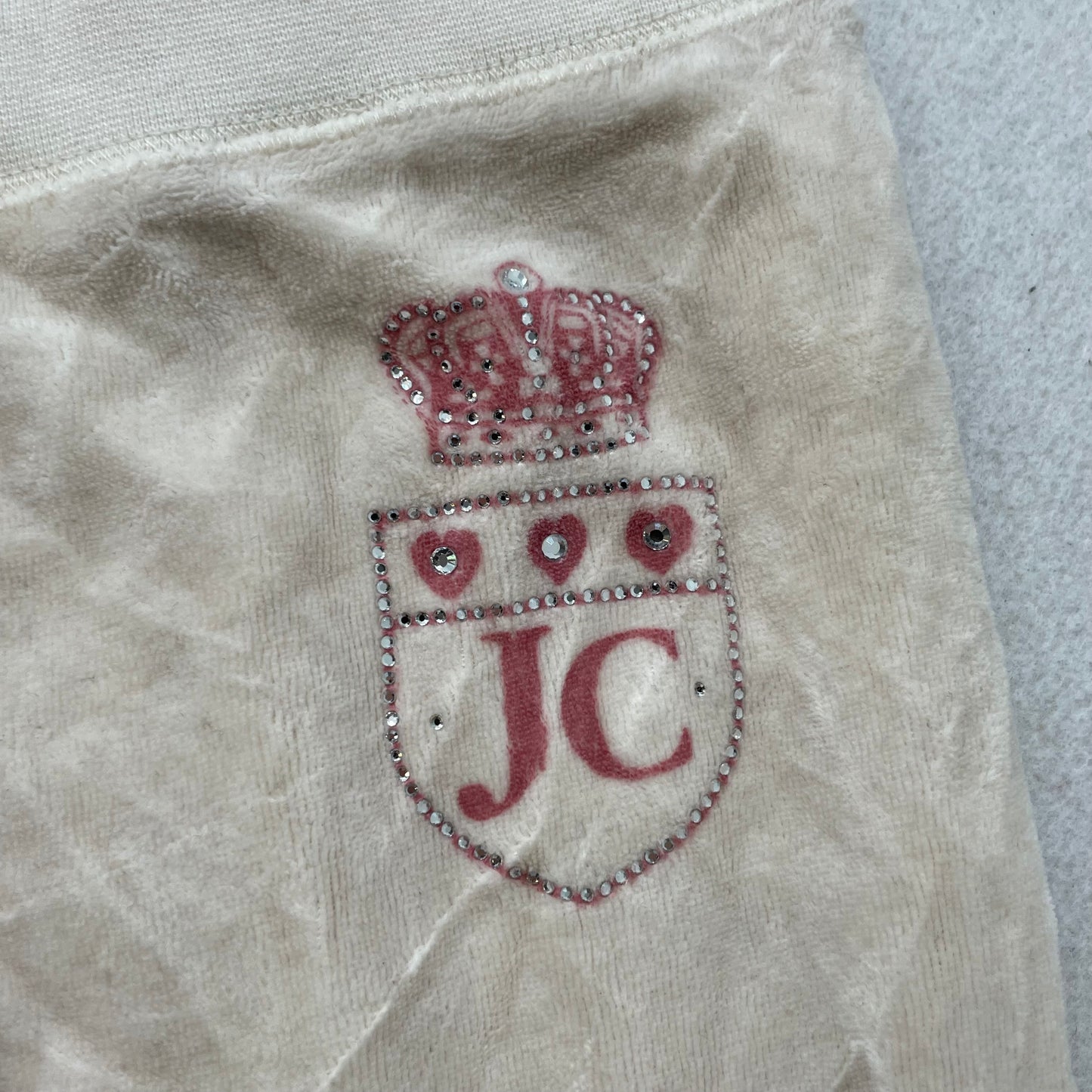 Vtg Juicy Couture Women's Cream Velour Flared Track Pant Rhinestones Logo Size S