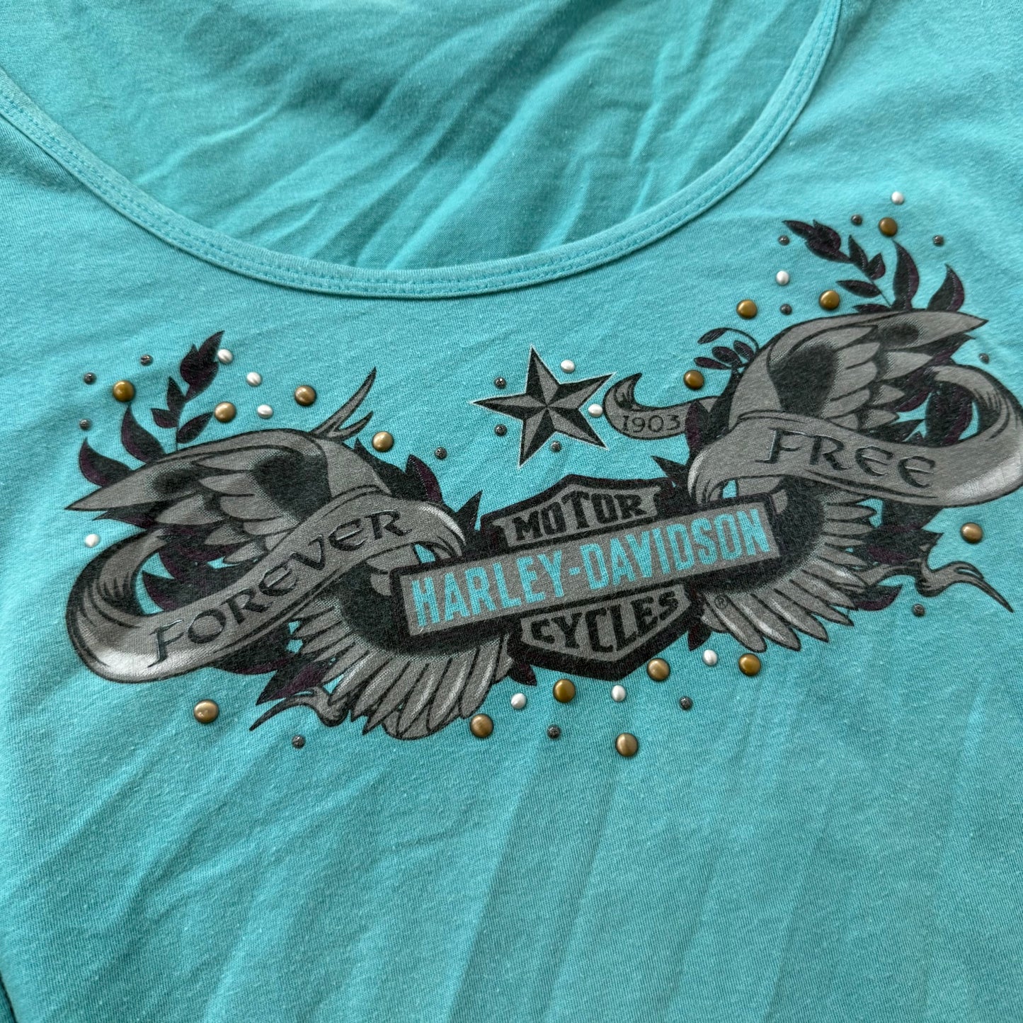 Harley-Davidson Women Teal T-Shirt Short Sleeve Rhinestone Embellishment Size XL