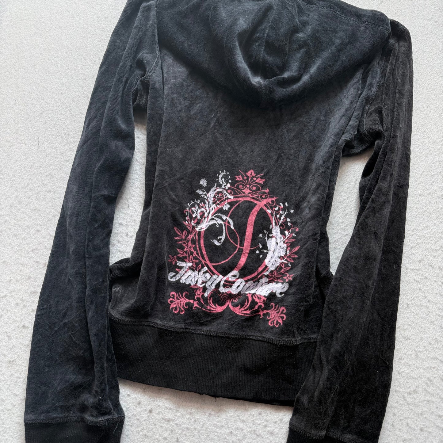 Juicy Couture Women Black Velour Zip-Up Hoodie Back Graphic Print Pockets Size M