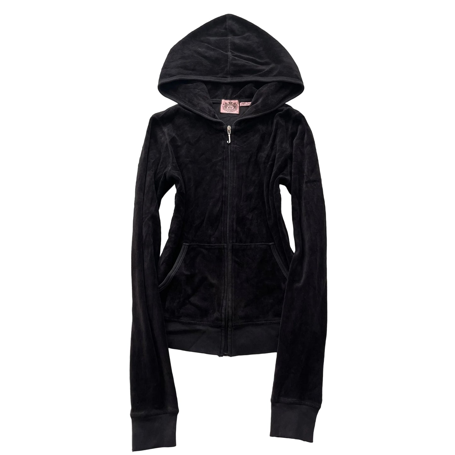 Vintage Juicy Couture Women Black Velour Zip-Up Hoodie Loungewear Pockets Size S