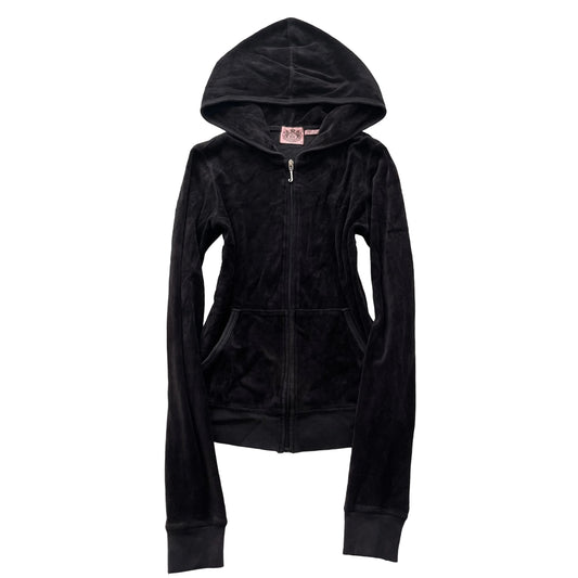 Vintage Juicy Couture Women Black Velour Zip-Up Hoodie Loungewear Pockets Size S
