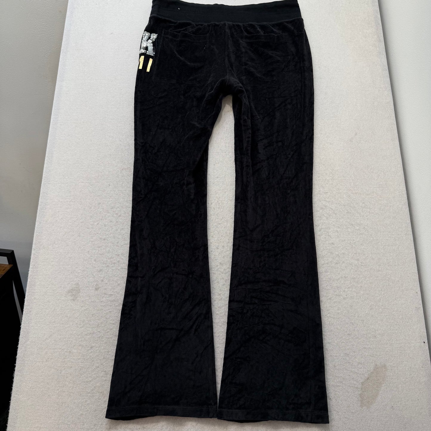 PINK Victoria’s Secret Womens Black Velour Flared Track Pant Sequins Logo Size L