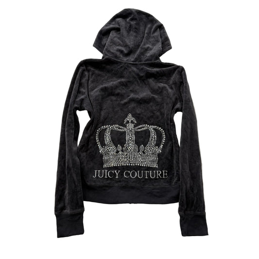 Juicy Couture Womens Charcoal Gray Velour Full Zip Hoodie Rhinestone Logo Size L