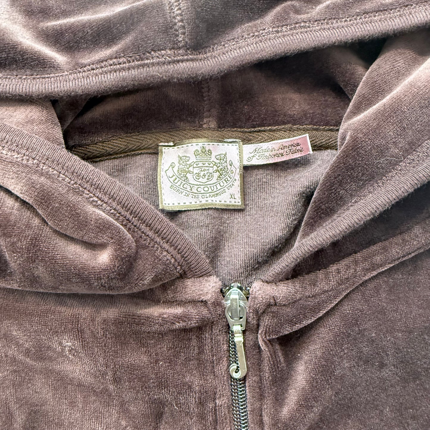 Juicy Couture Women's Dark Brown Velour Zip-Up Hoodie Lace Cuffs Pocket Size XL