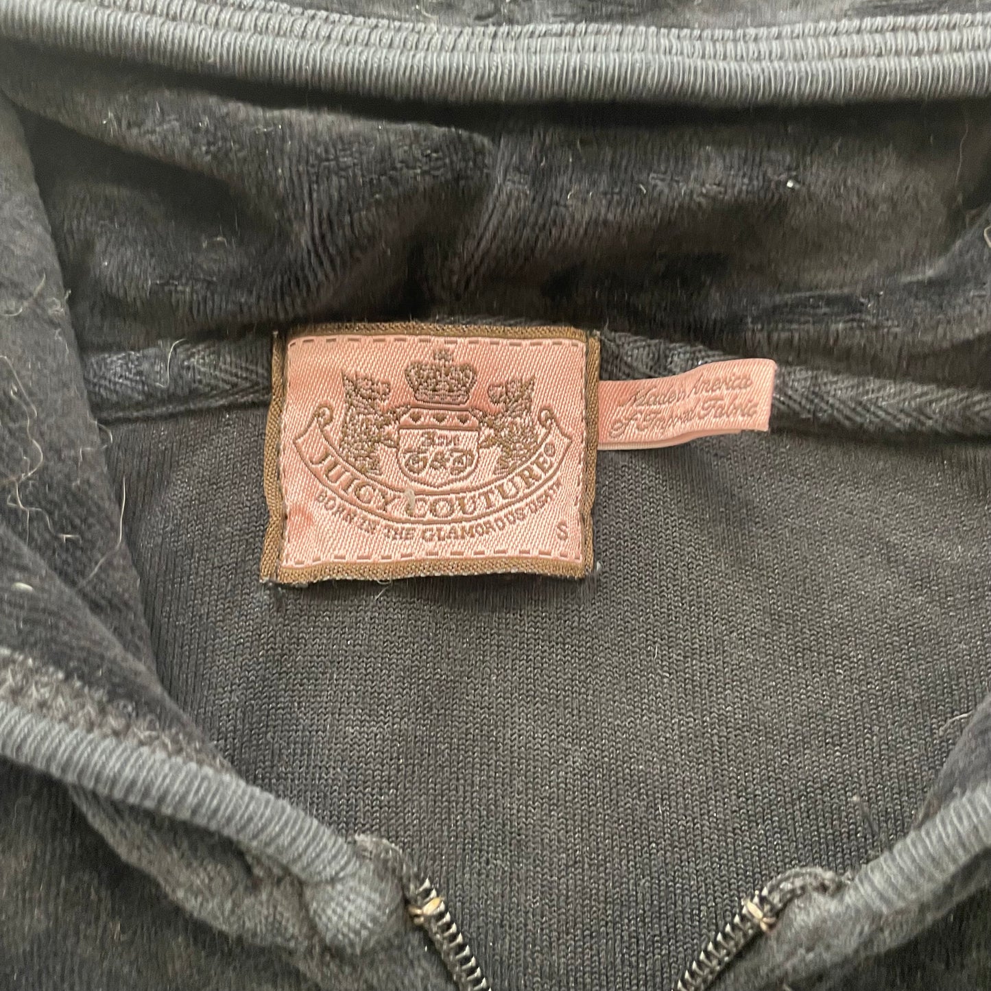 Vintage Juicy Couture Women's Black Velour Zip-Up Hoodie Embroidered Logo Size S