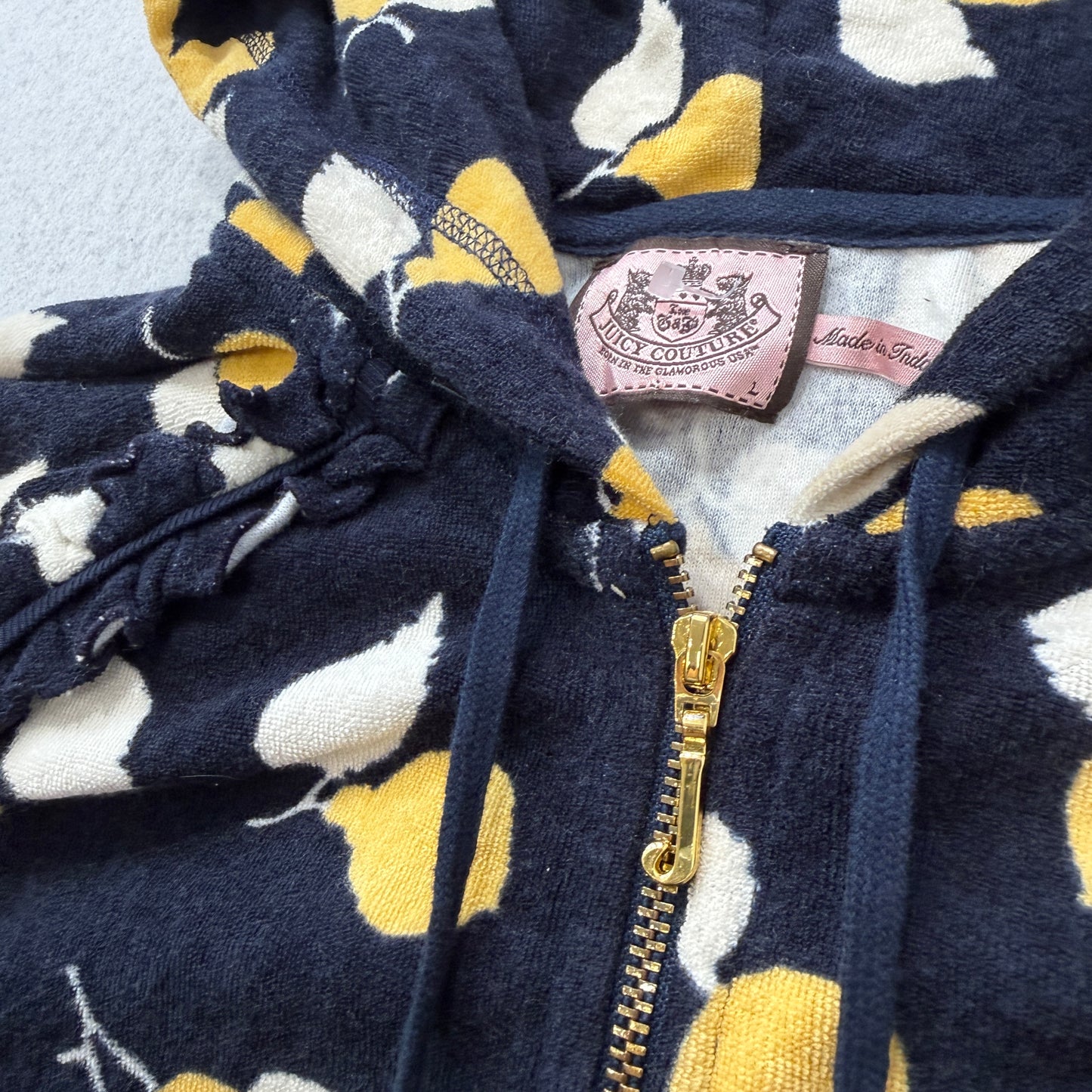 Vintage Juicy Couture Women's Navy Terry Cloth Lemon Print Pattern Hoodie Size L