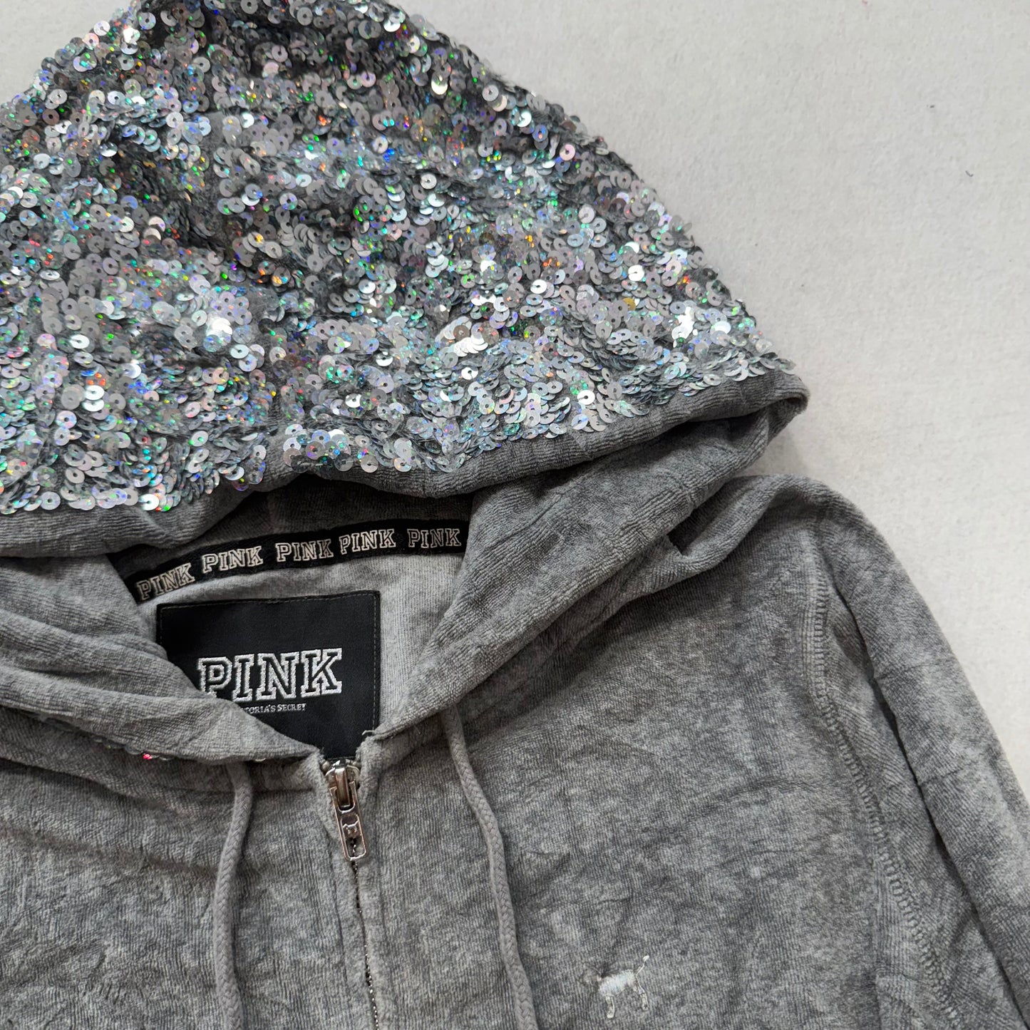PINK Victoria Secret Womens Gray Velour Zip Up Hoodie Sequins Hooded Logo Size L