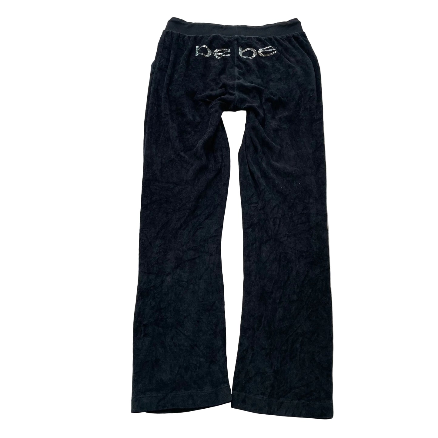 Bebe Women's Navy Velour Flared Track Pants Loungewear Rhinestone Logo Size S