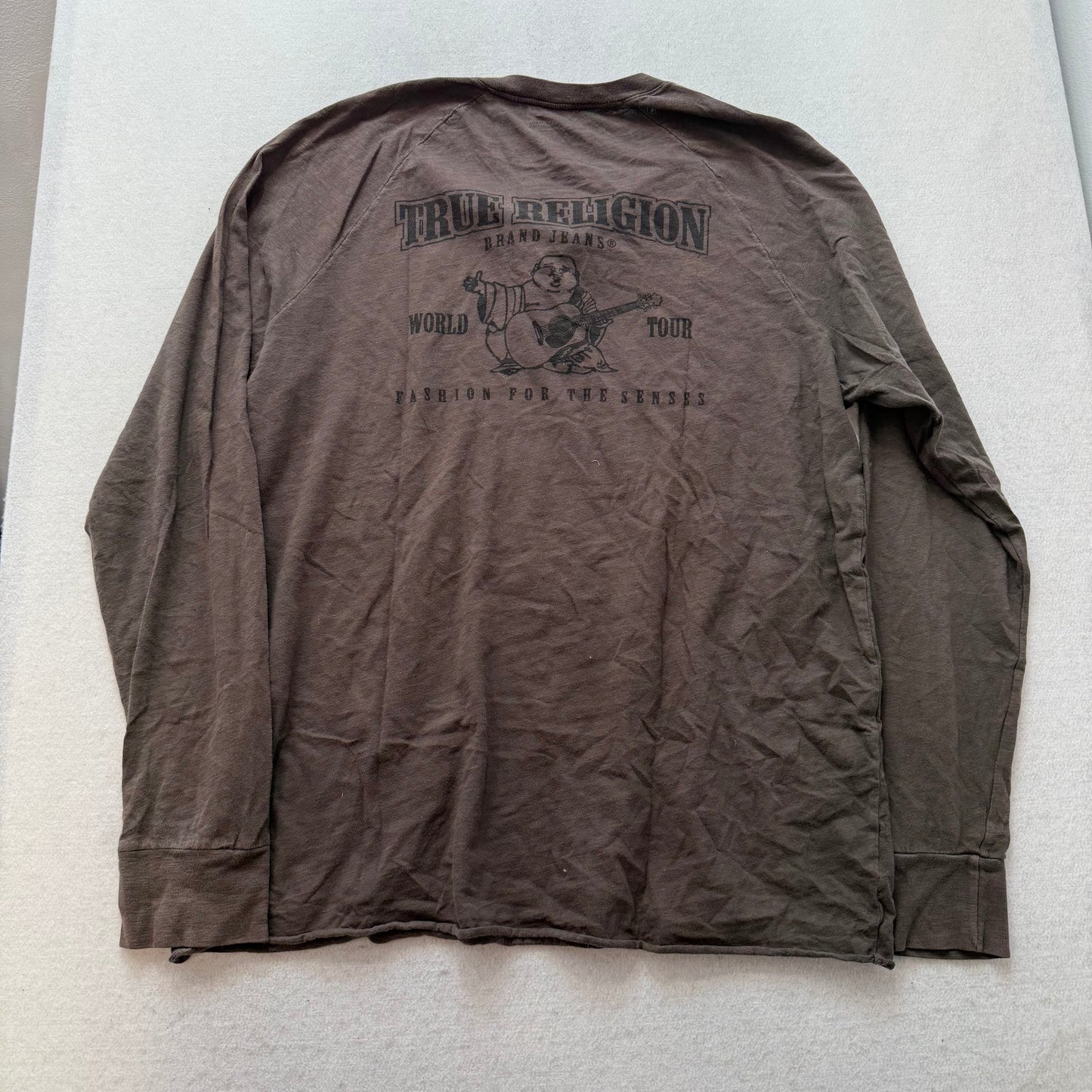 True Religion Men Brown Flocked Horseshoe Slub Henley Long Sleeve Shirt Size XXL