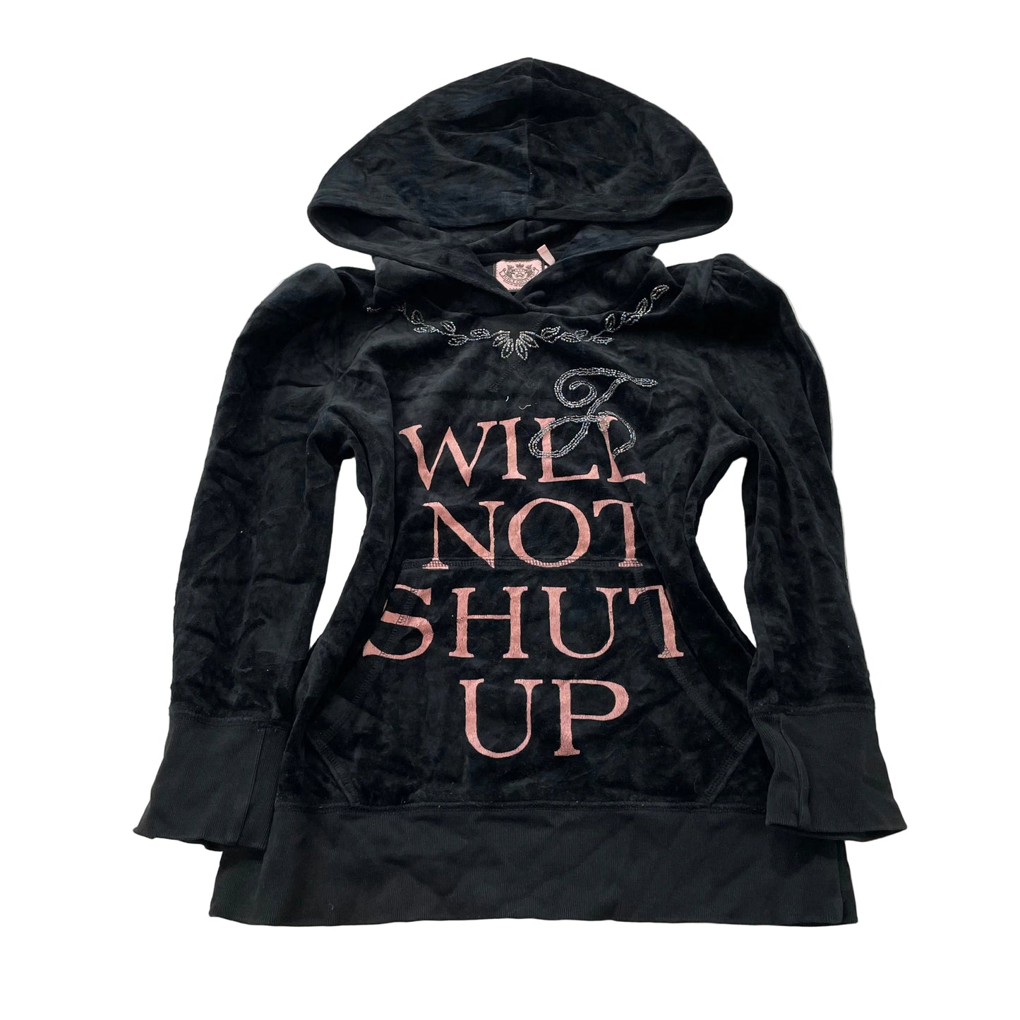 Juicy Couture Will Not Shut Up Women's Black Pull-Over Hoodie Rhinestones Size M