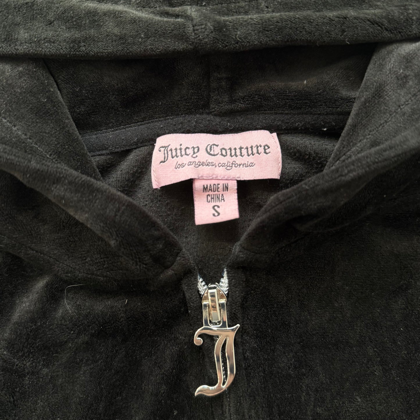 Juicy Couture Women's Black Velour Zip Up Cropped Hoodie Rhinestones Logo Size S