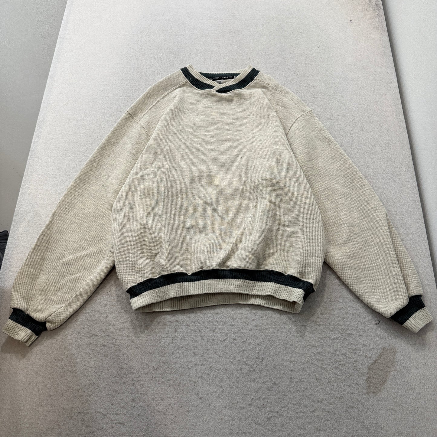Vintage Russell Athletic Men's Gray Striped Collar Sweatshirt Made in USA Size L